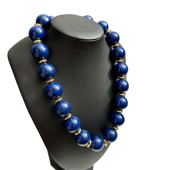 Naper Necklace Jewlery Statement 19" Single Strand Blue Beads Gold Tone Vintage - Picture 4 of 6
